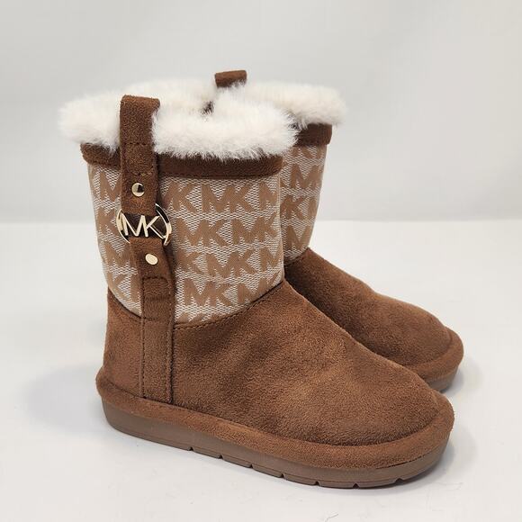 Michael Kors Little Girl Yancy Winter Boots Size 7 Faux Fur Logo Brown Cream Zip - Picture 1 of 8